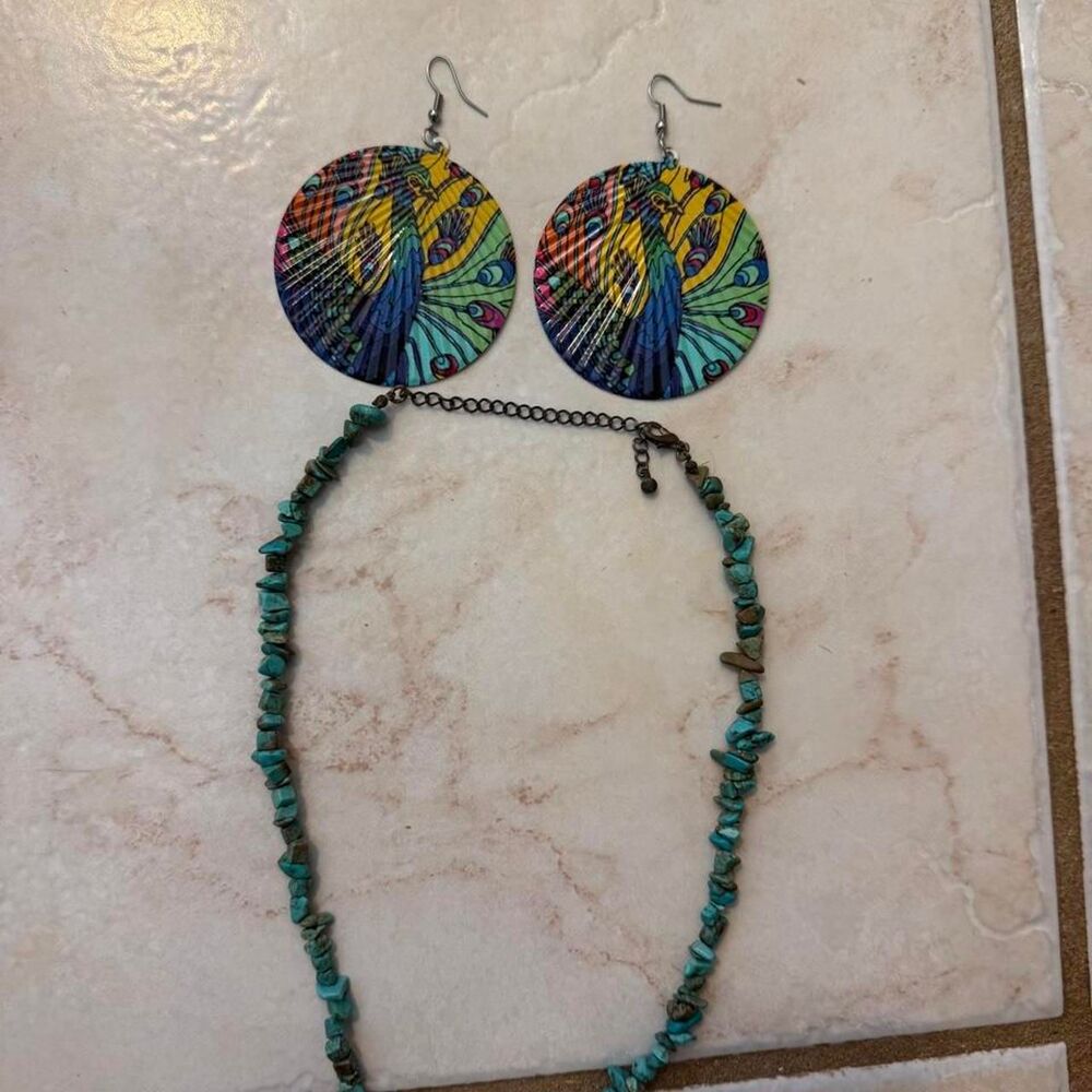 Turquoise and Peakock necklace and earrings bundle